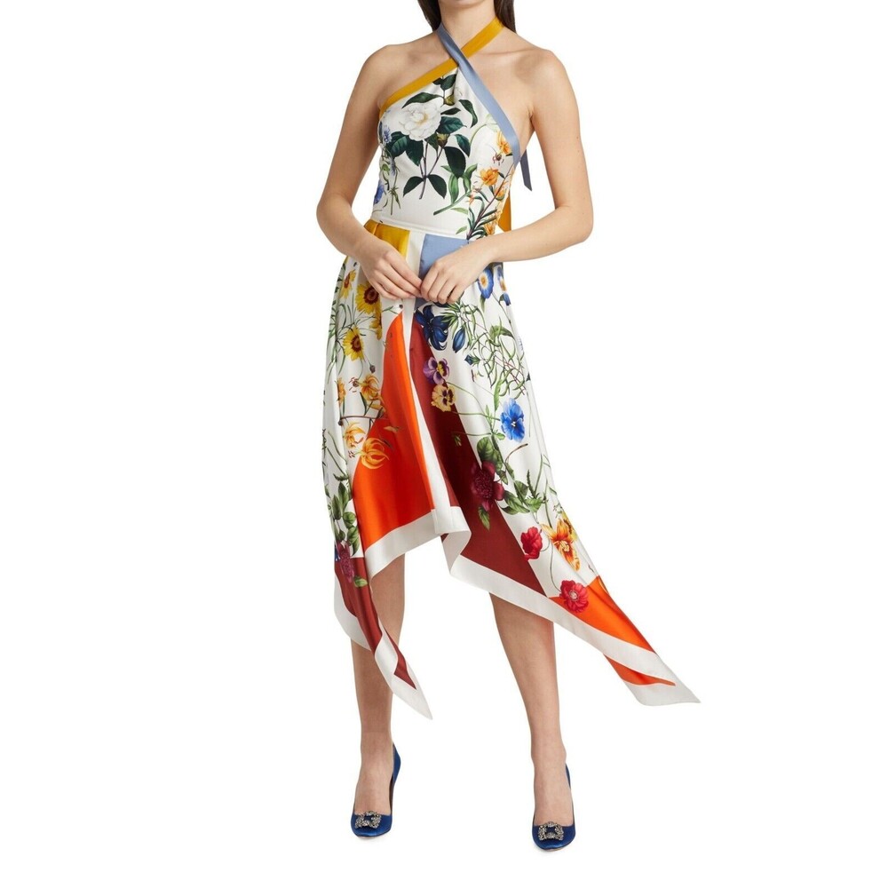 Oscar de la Renta Women's Geo Floral Silk Handkerchief Midi Dress Size 4 - Italy